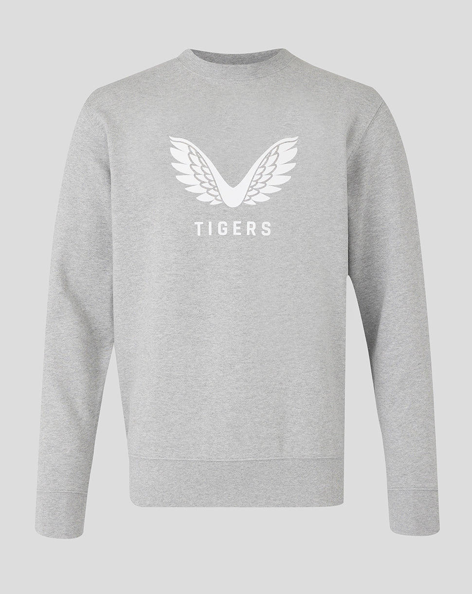 Light grey heather Leicester Tigers unisex travel crewneck sweatshirt with a white wing logo and TIGERS text