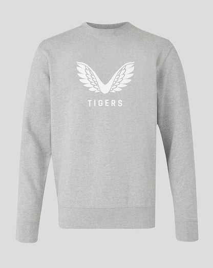 Light grey heather Leicester Tigers unisex travel crewneck sweatshirt with a white wing logo and TIGERS text