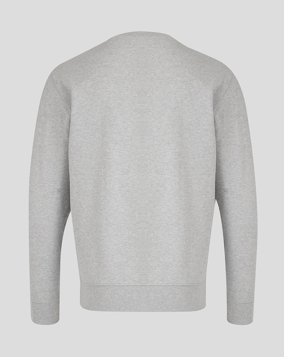Back view of heather grey Leicester Tigers unisex travel crewneck sweatshirt