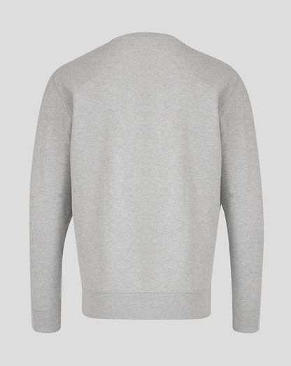 Back view of heather grey Leicester Tigers unisex travel crewneck sweatshirt