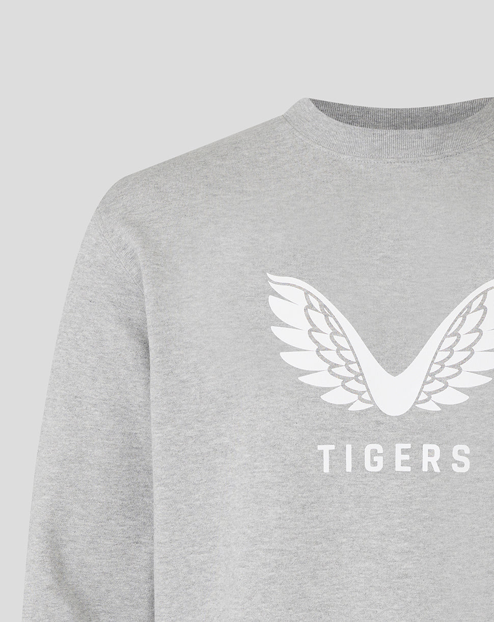 Detail shot of white wing emblem on light grey Leicester Tigers crewneck sweatshirt