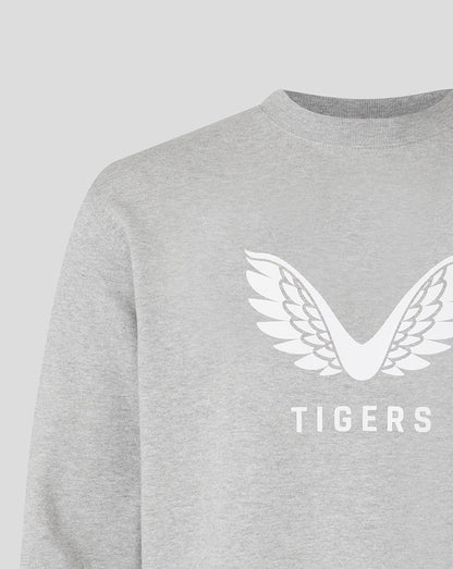 Detail shot of white wing emblem on light grey Leicester Tigers crewneck sweatshirt