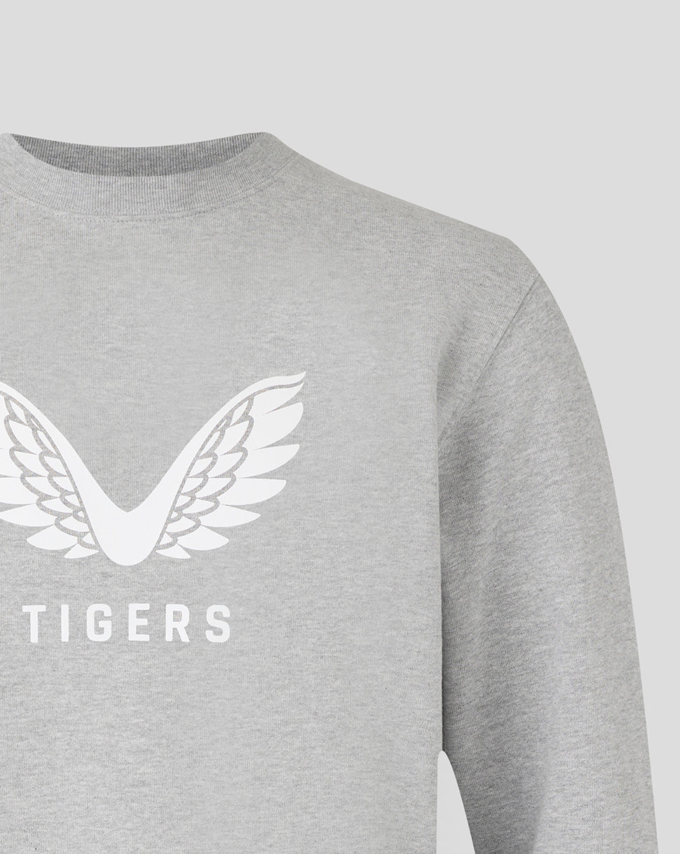 Close up of light grey crewneck sweatshirt showing the white wing logo and TIGERS text