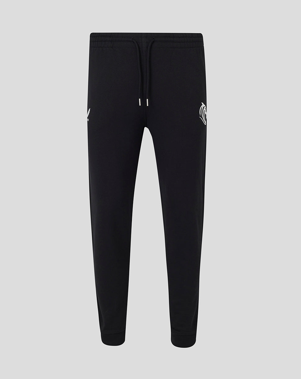 Front view of black Leicester Tigers travel essential jogger with drawstring and tiger logo on left thigh