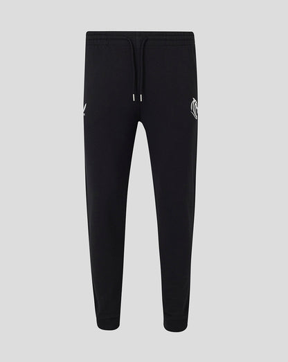 Front view of black Leicester Tigers travel essential jogger with drawstring and tiger logo on left thigh
