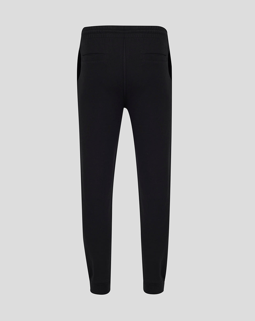 Back view of black Leicester Tigers travel essential jogger with elastic waistband and rear pockets