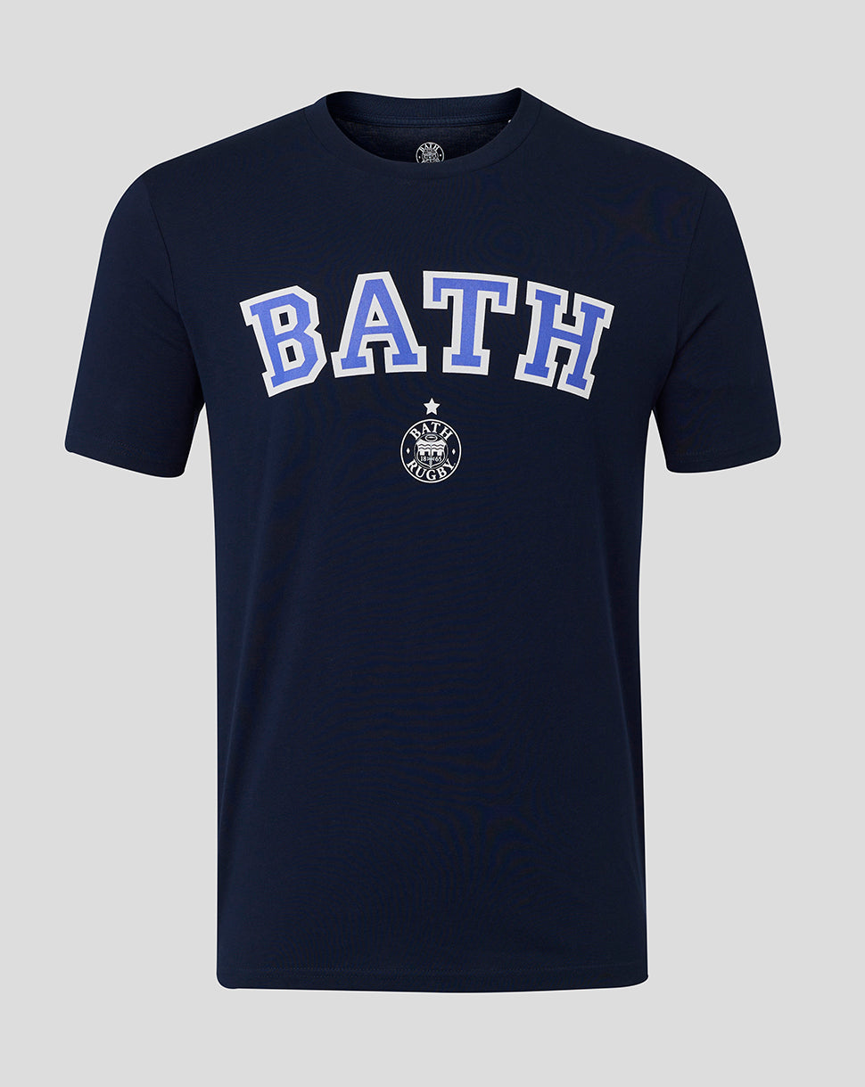 Navy Bath Rugby unisex varsity tee with large BATH lettering and circular Bath Rugby crest