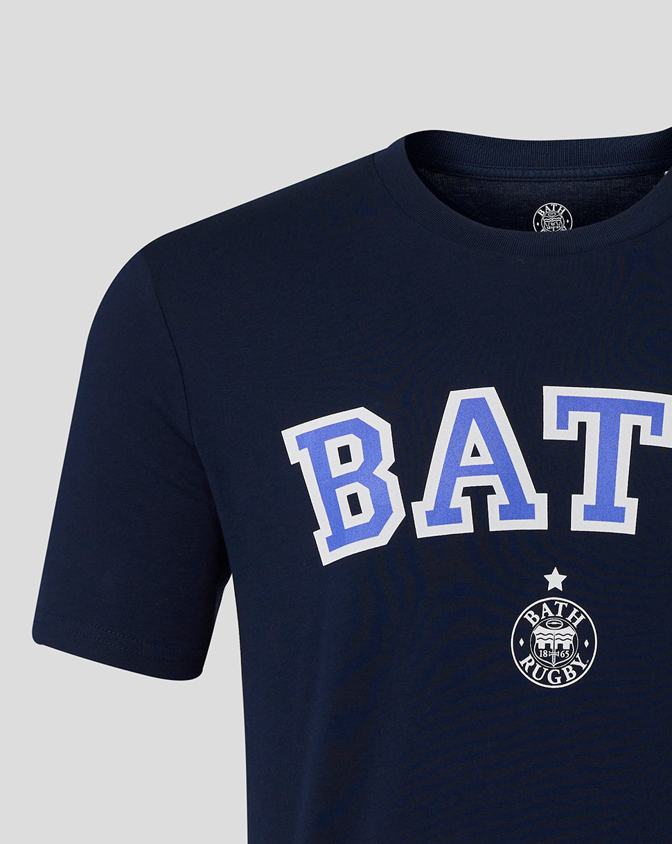Neckline and shoulder view of navy Bath Rugby tee with varsity print across chest