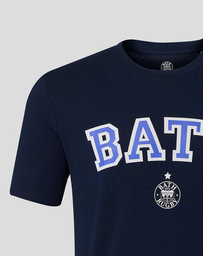 Neckline and shoulder view of navy Bath Rugby tee with varsity print across chest