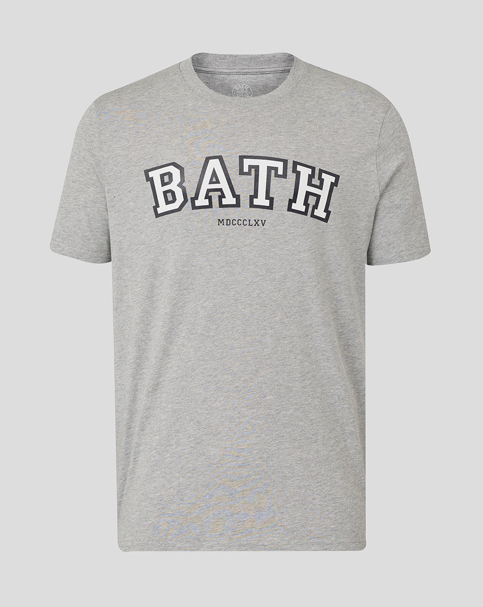 Heather grey Bath Rugby varsity tee with bold Bath lettering across front