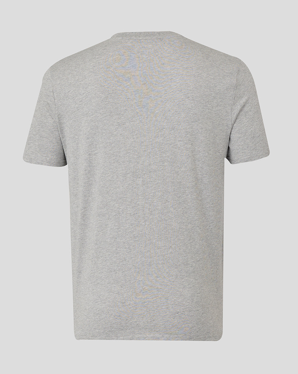 Back view of heather grey Bath Rugby unisex varsity tee showing a plain back and a small crest at the neckline