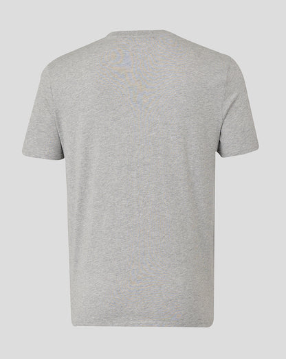 Back view of heather grey Bath Rugby unisex varsity tee showing a plain back and a small crest at the neckline