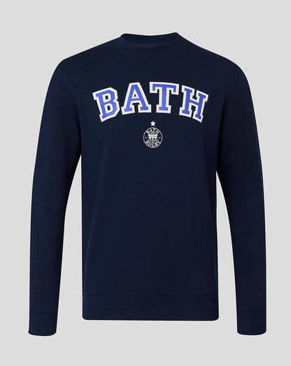 French navy Bath Rugby unisex varsity crew sweatshirt with large BATH lettering and circular emblem on the chest