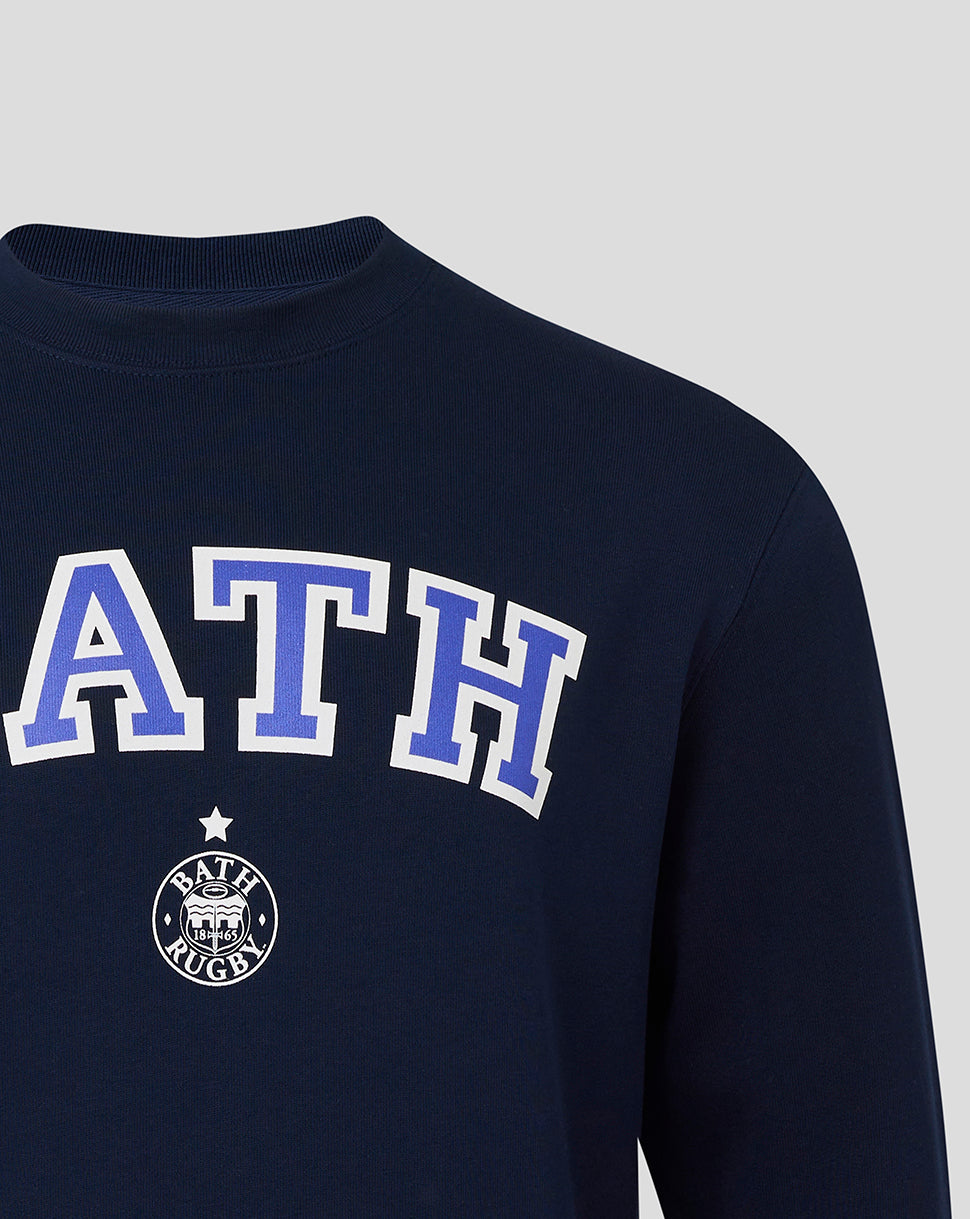 Front close up of navy Bath Rugby varsity sweatshirt with large Bath lettering and crest