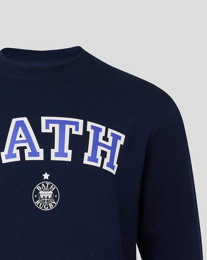 Front close up of navy Bath Rugby varsity sweatshirt with large Bath lettering and crest