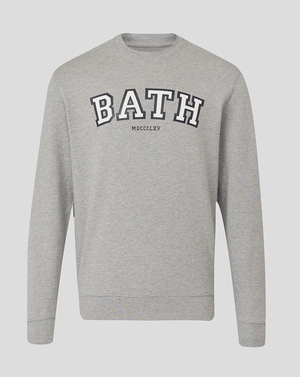 Heather grey Bath Rugby varsity crew sweatshirt with large BATH lettering and MDCCCLXV beneath.