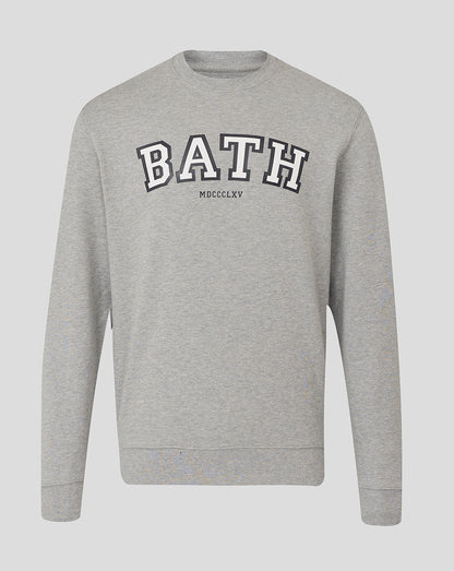 Heather grey Bath Rugby varsity crew sweatshirt with large BATH lettering and MDCCCLXV beneath.