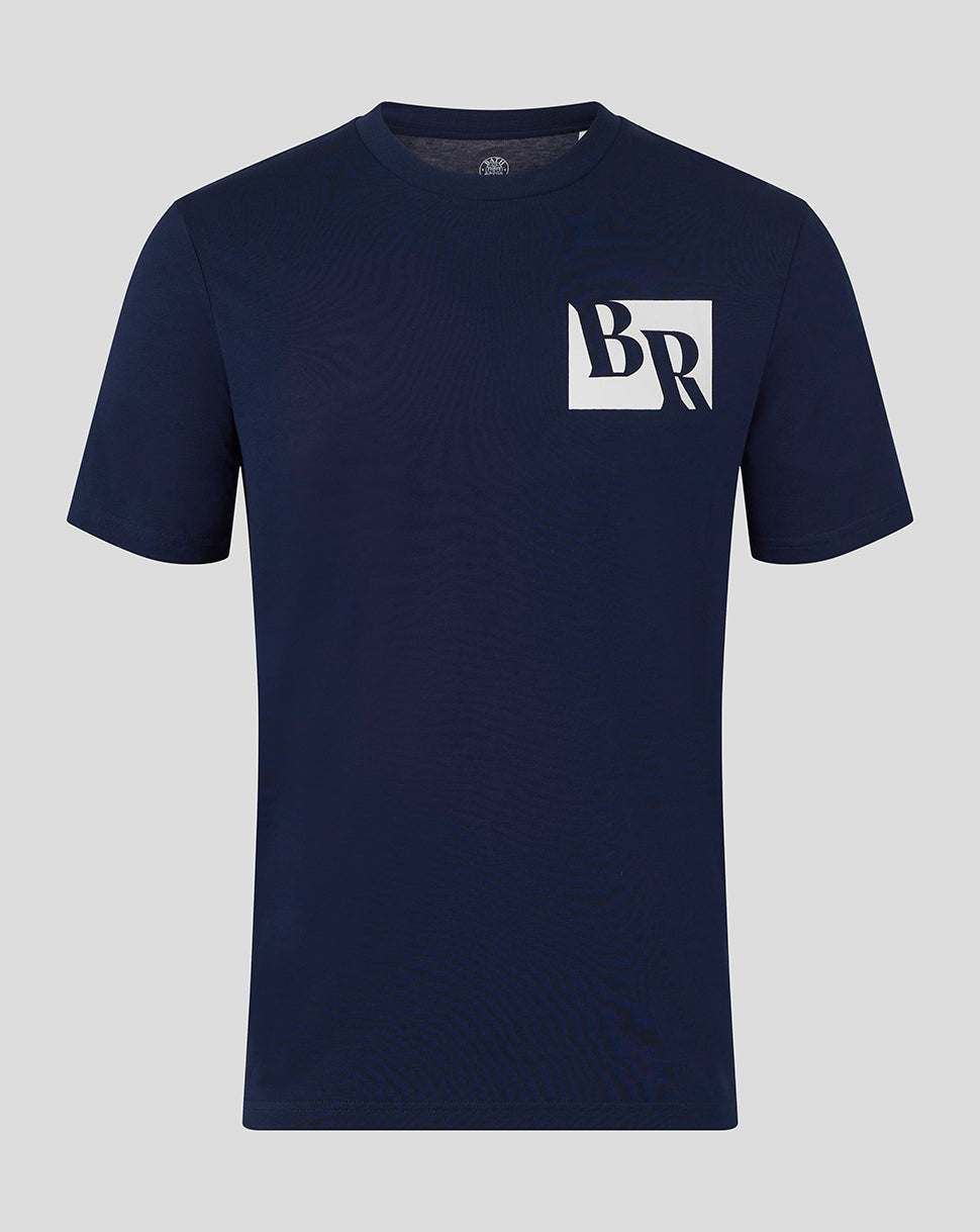 Front view of Bath Rugby Unisex Logo Rugby Tee in French Navy with a white BR logo on the chest