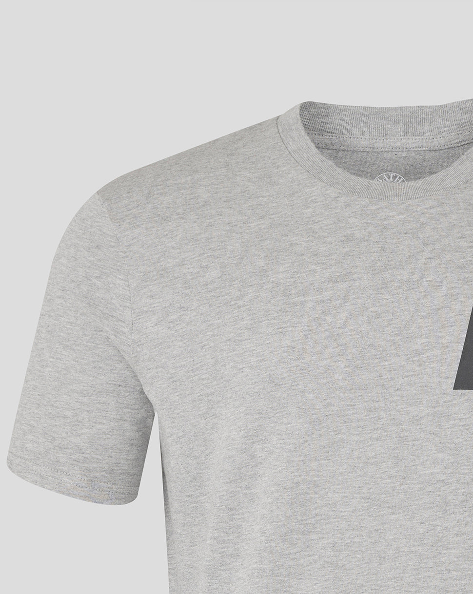 Front close-up of the heather grey Bath Rugby logo tee showing a BR graphic on the chest