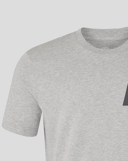 Front close-up of the heather grey Bath Rugby logo tee showing a BR graphic on the chest