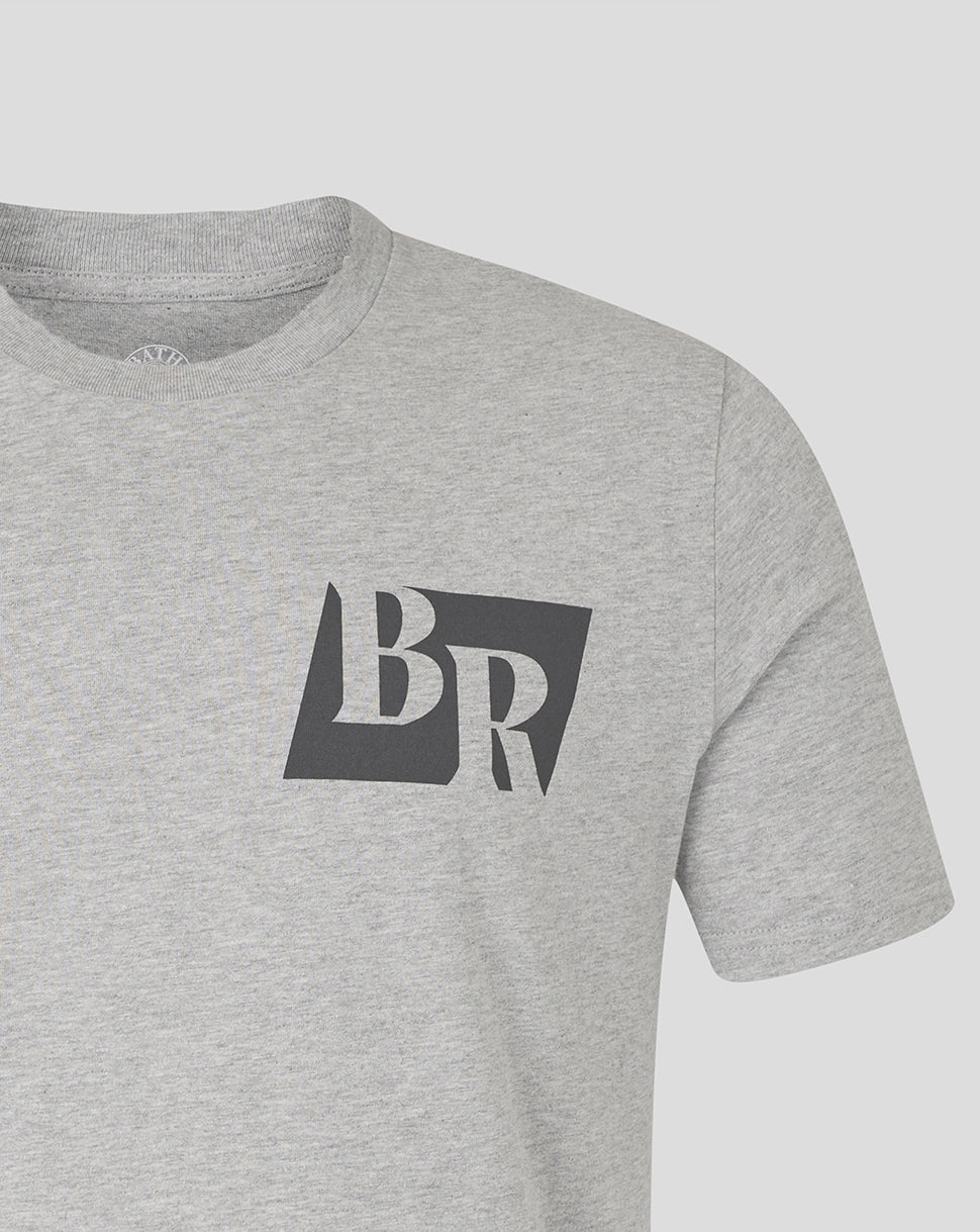 Shoulder and chest area of the heather grey Bath Rugby tee with BR logo detail