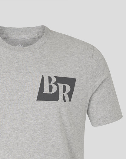 Shoulder and chest area of the heather grey Bath Rugby tee with BR logo detail