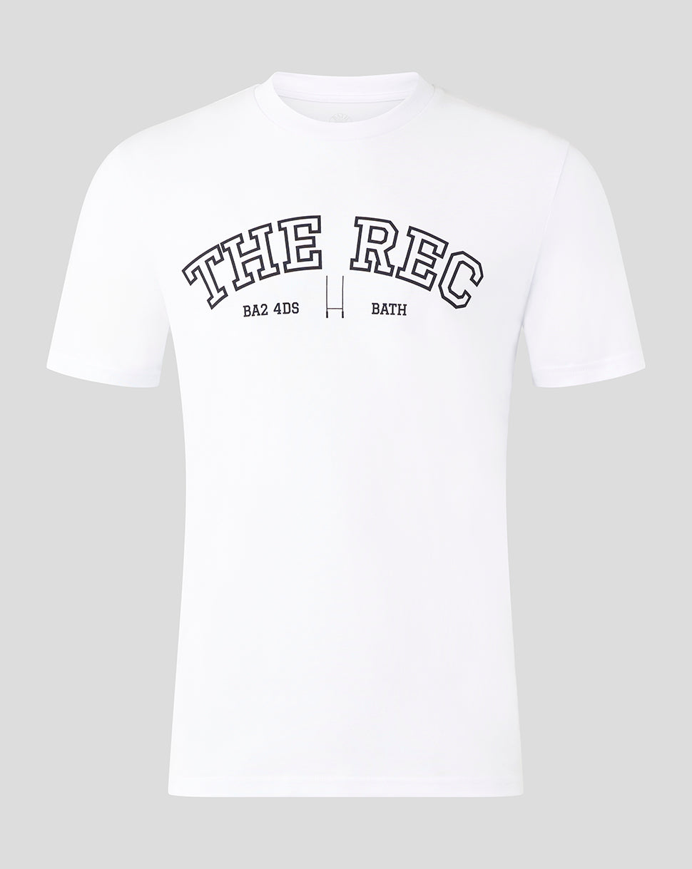White Bath Rugby The Rec Tee front view with bold arching graphic across the chest.