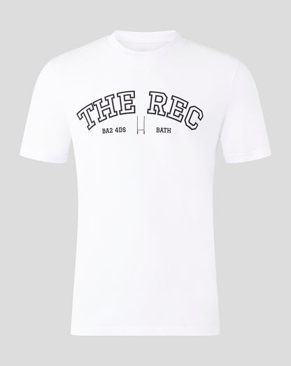 White Bath Rugby The Rec Tee front view with bold arching graphic across the chest.