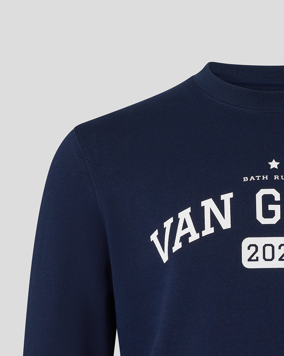 Close-up of navy sweatshirt chest with white Van Graan graphic and small star near the neckline