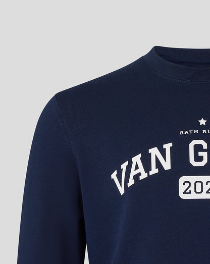 Close-up of navy sweatshirt chest with white Van Graan graphic and small star near the neckline