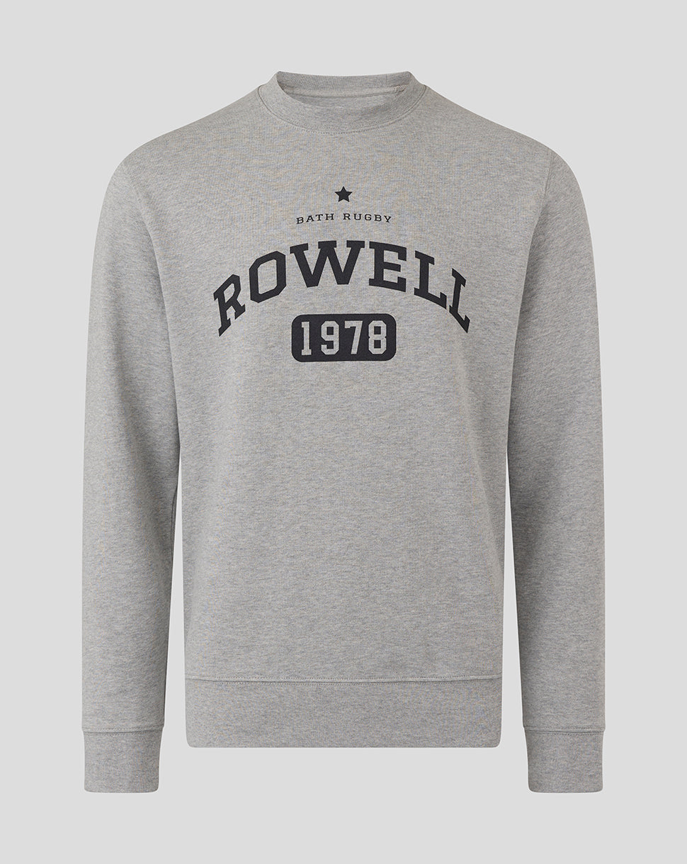 Heather grey Bath Rugby Rowell crew sweatshirt with large black ROWELL 1978 graphic