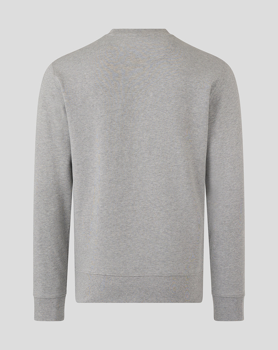 Back view of heather grey Rowell crew sweatshirt