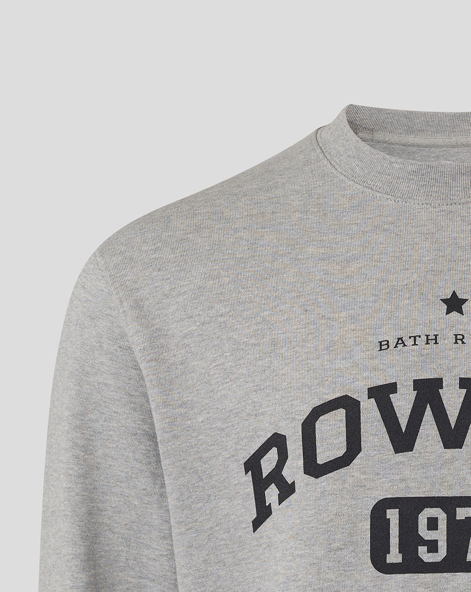 Heather grey Bath Rugby Rowell crew sweatshirt close up showing the ROWELL graphic.