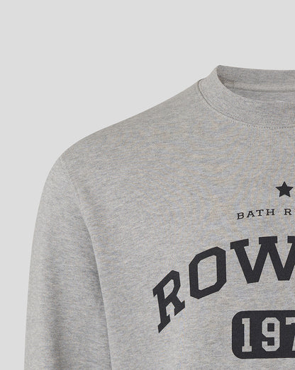 Heather grey Bath Rugby Rowell crew sweatshirt close up showing the ROWELL graphic.