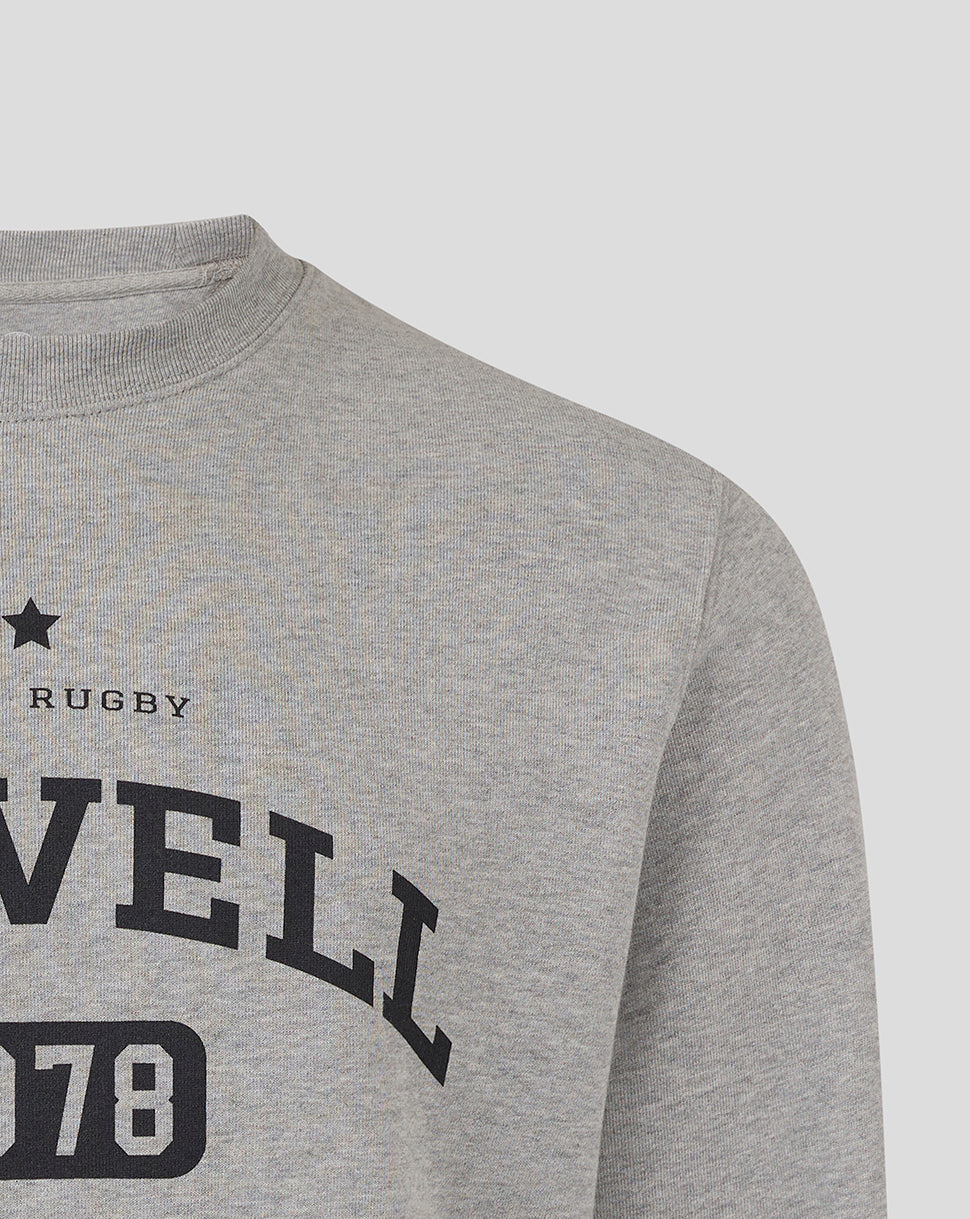 Heather grey Bath Rugby Rowell crew sweatshirt chest area with star and RUGBY typography.