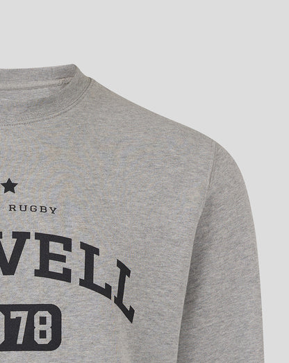 Heather grey Bath Rugby Rowell crew sweatshirt chest area with star and RUGBY typography.