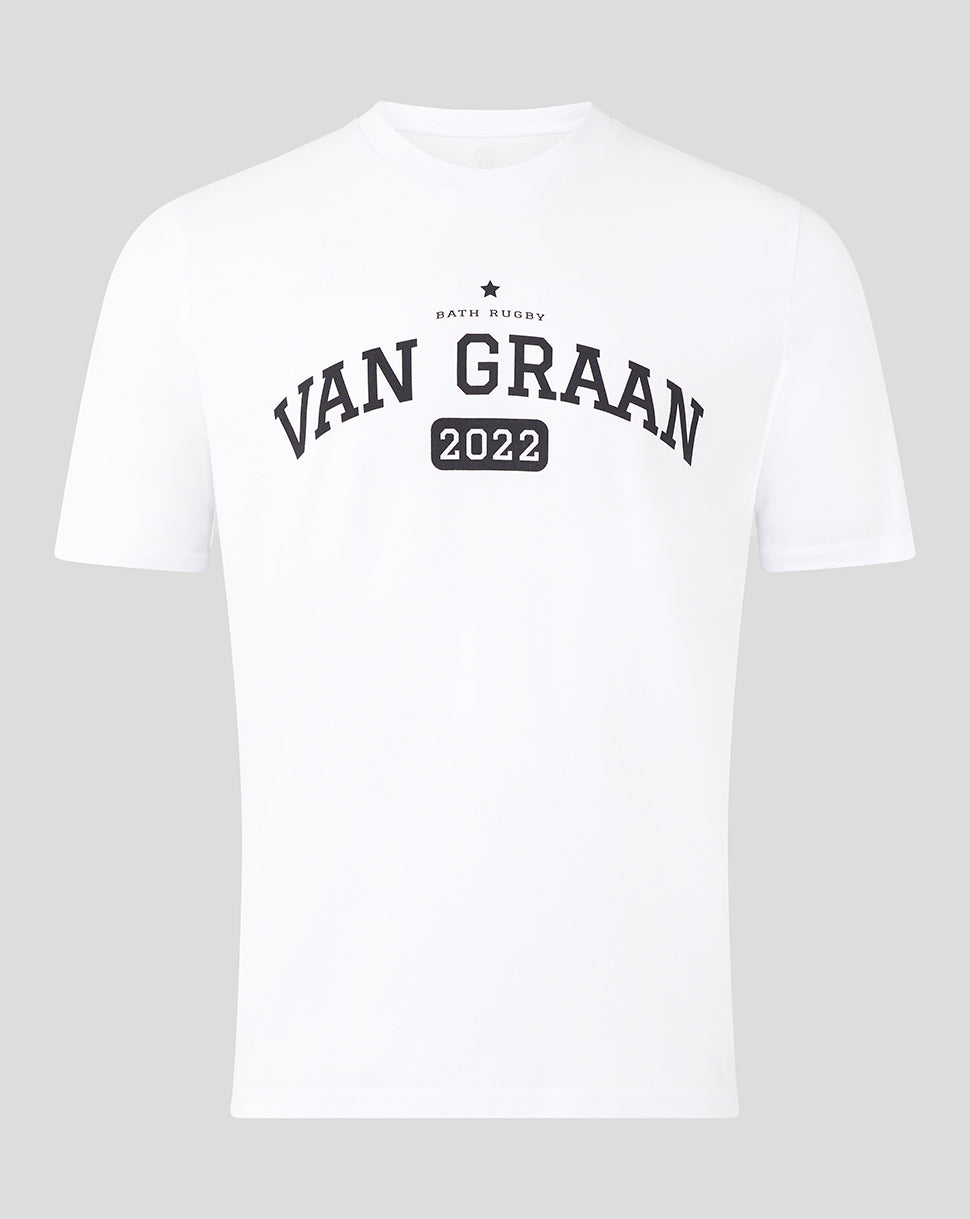 Front view of white Bath Rugby Van Graan tee with bold VAN GRAAN 2022 print