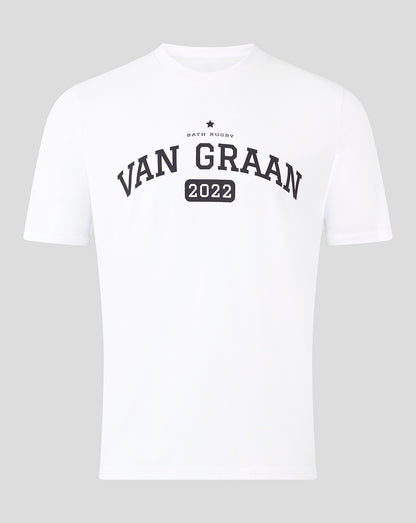 Front view of white Bath Rugby Van Graan tee with bold VAN GRAAN 2022 print