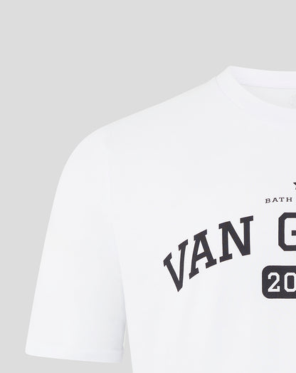 Close up of white Bath Rugby Van Graan tee showing shoulder and partial front print