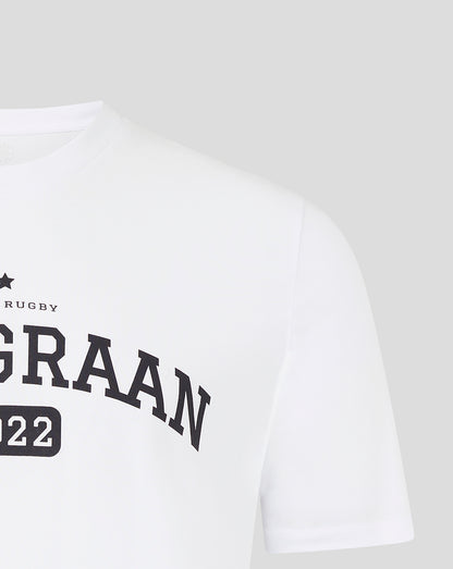 Front view of white Bath Rugby Van Graan tee with bold curved graphic across chest