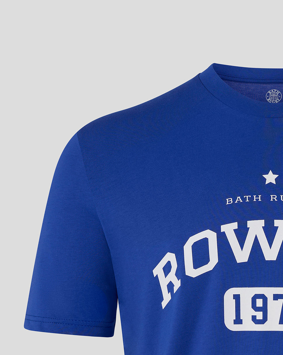 Front close-up of Bath Rugby Rowell Tee showing bold ROWELL text and 1978 badge on Worker Blue