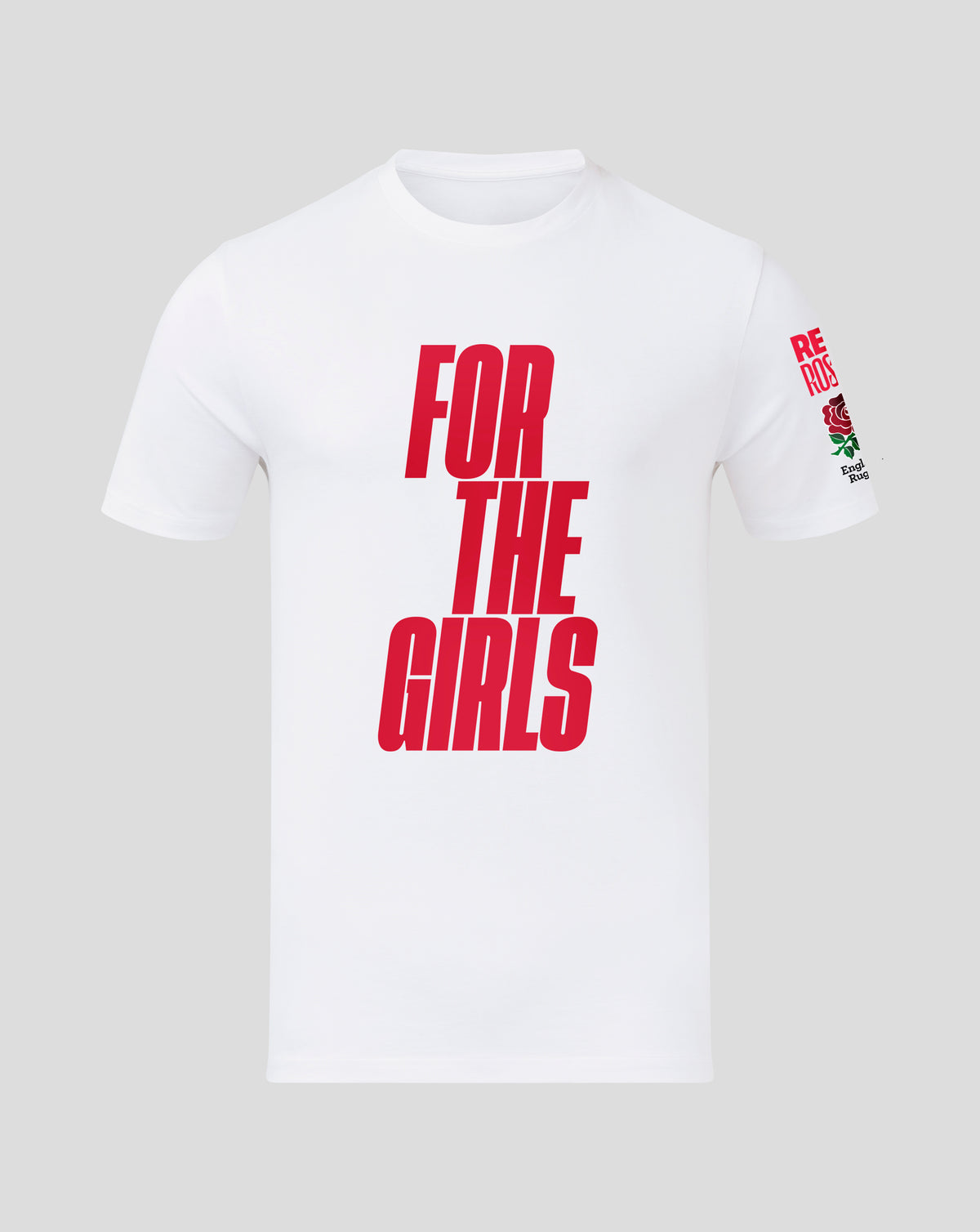 White England Rugby junior for the girls T shirt with bold red FOR THE GIRLS text on the front and a rose emblem on the sleeve