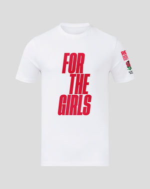 White England Rugby junior for the girls T shirt with bold red FOR THE GIRLS text on the front and a rose emblem on the sleeve