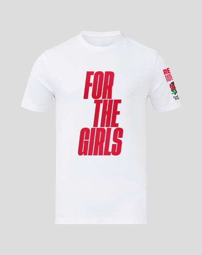 White England Rugby junior for the girls T shirt with bold red FOR THE GIRLS text on the front and a rose emblem on the sleeve