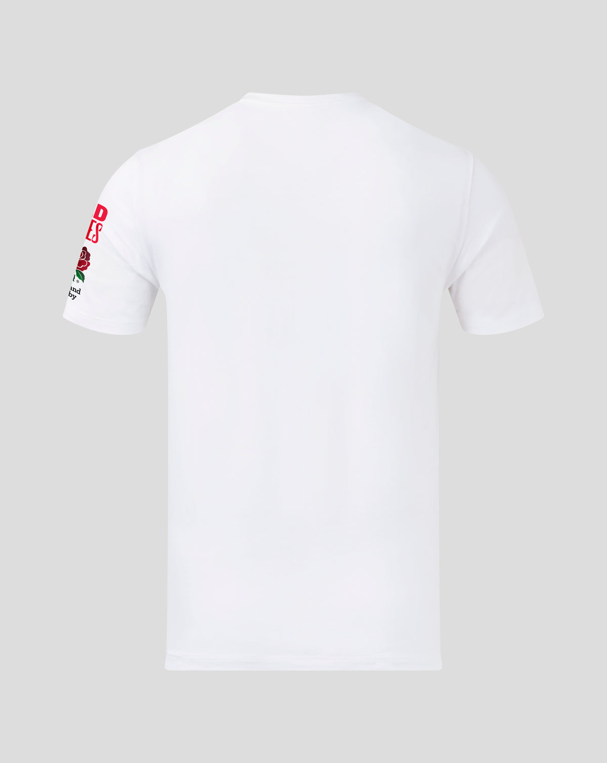 Back view of white England Rugby junior for the girls T shirt showing red vertical FOR THE GIRLS text on the sleeve and rose badge