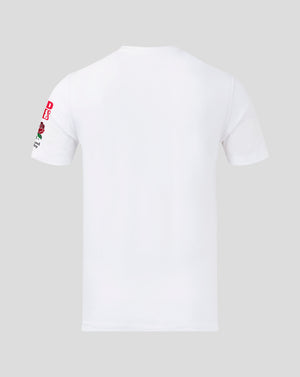 Back view of white England Rugby junior for the girls T shirt showing red vertical FOR THE GIRLS text on the sleeve and rose badge