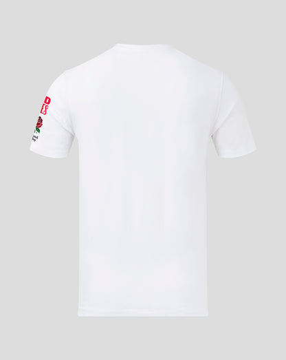 Back view of white England Rugby junior for the girls T shirt showing red vertical FOR THE GIRLS text on the sleeve and rose badge