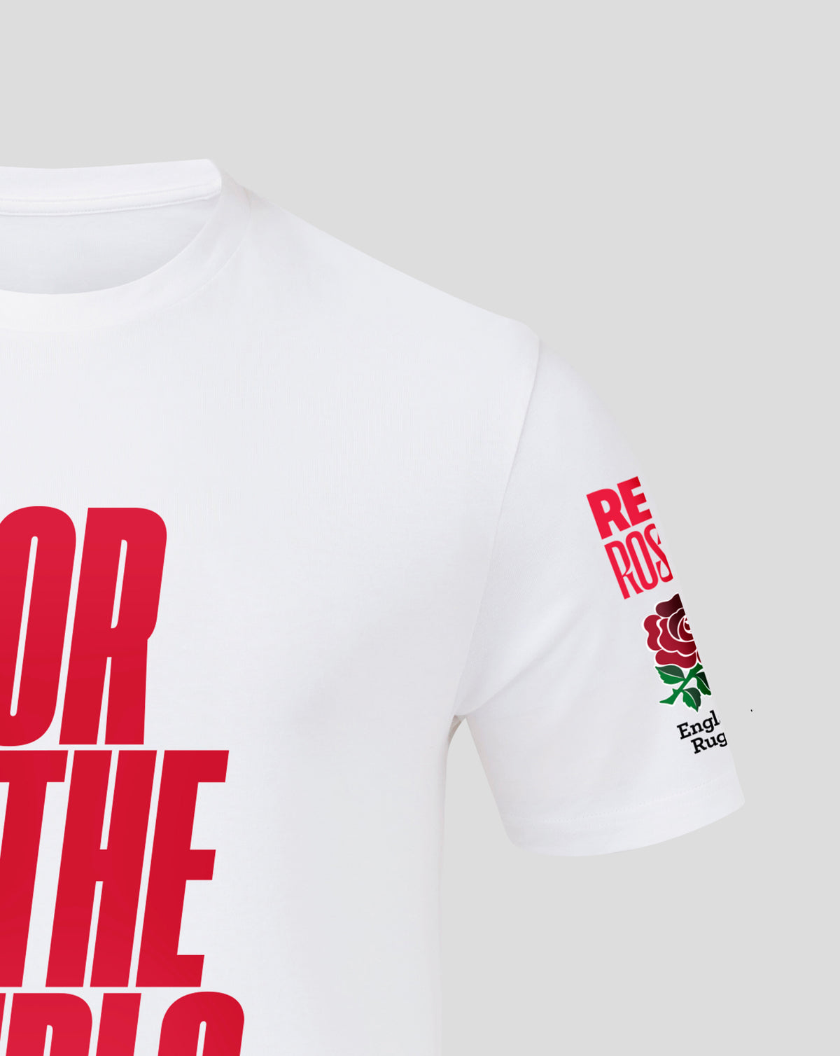 White England Rugby junior T shirt with bold red front text and a rose emblem on the sleeve.