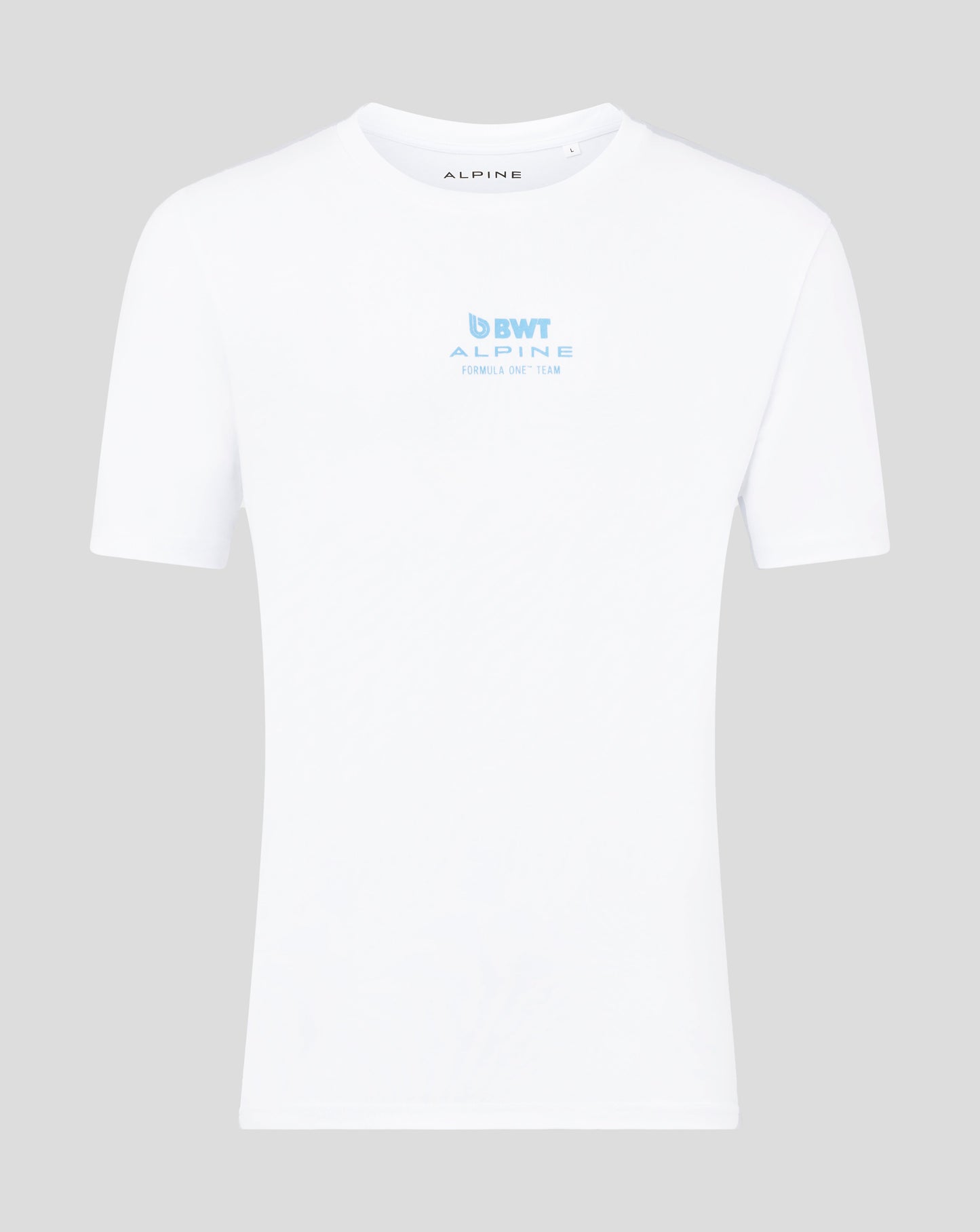 Front view of white Alpine T shirt with small blue BWT Alpine logo on the chest and Alpine branding on the neckline