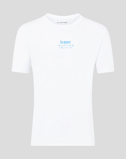 Front view of white Alpine T shirt with small blue BWT Alpine logo on the chest and Alpine branding on the neckline